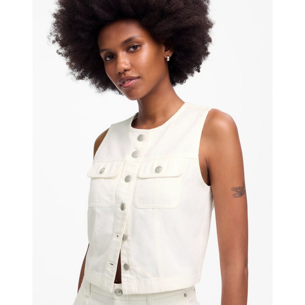 Madewell XS Cropped Denim Vest Airy Denim Edition Tile White Button Down NWT